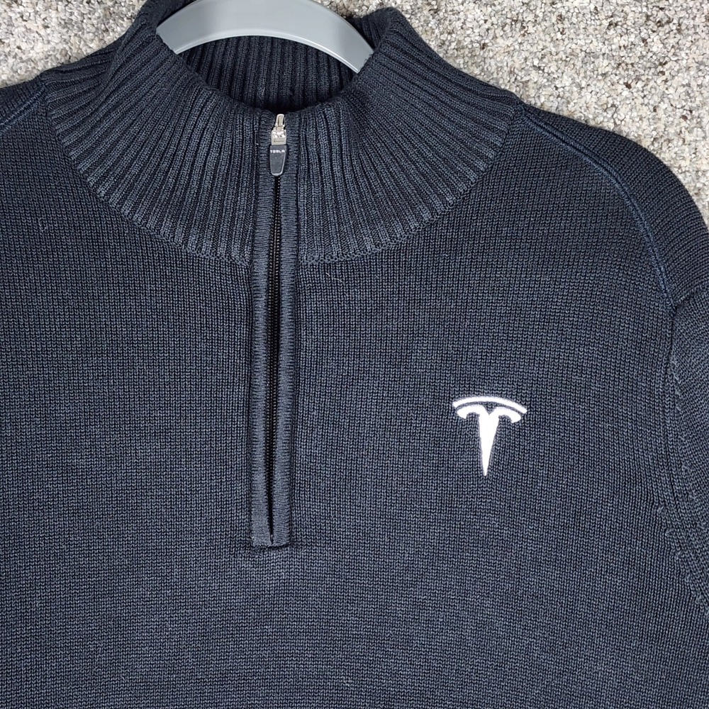 Tesla Quarter Zip Sweater Mens Medium Black Embroidered Logo Excellent